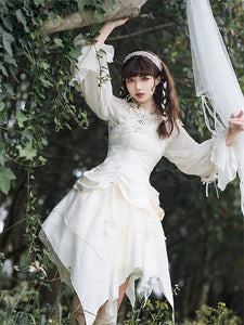 Sweet Lolita Blouses Ecru White Lolita Top Long Sleeves Embroidered Lace Up Lolita Shirt