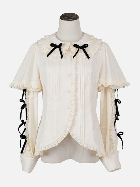 Sweet Lolita Blouses Ecru White Long Sleeves Lolita Top Bows Ruffles Lolita Shirt