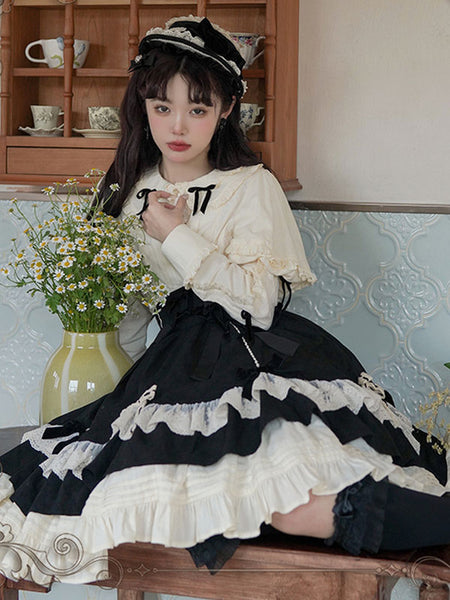 Sweet Lolita Blouses Ecru White Long Sleeves Lolita Top Bows Ruffles Lolita Shirt