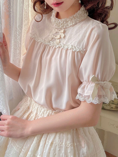 Sweet Lolita Blouses Light Apricot Half Sleeves Bows Ruffles Lolita Top Lolita Shirt