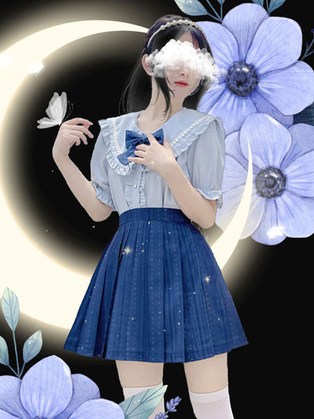 Sweet Lolita Blouses Lolita Top Ruffles Short Sleeves Blouse Light Sky Blue Lolita Shirt