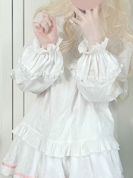 Sweet Lolita Blouses Ruffles Lolita Top Long Sleeves Blouse White Lolita Shirt