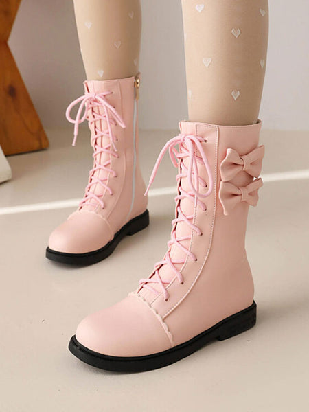 Sweet Lolita Boots Black Bows Round Toe PU Leather Lolita Footwear
