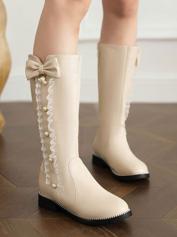 Sweet Lolita Boots PU Leather Bows Round Toe Ecru White Lolita Footwear