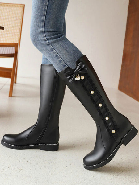 Sweet Lolita Boots PU Leather Bows Round Toe Ecru White Lolita Footwear