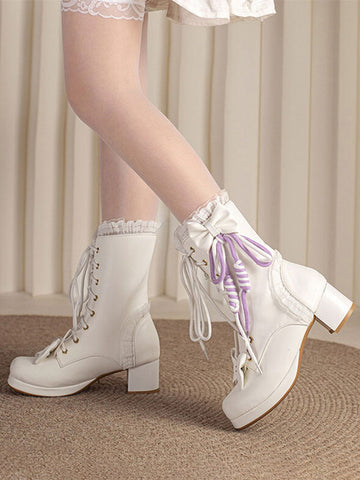Sweet Lolita Boots PU Leather Bows Ruffles Round Toe White Lolita Footwear