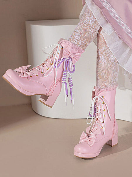 Sweet Lolita Boots PU Leather Bows Ruffles Round Toe White Lolita Footwear