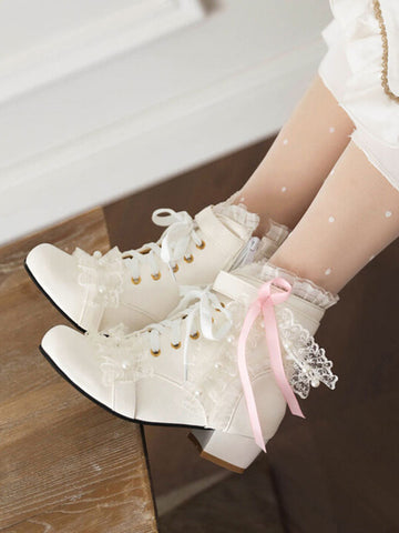 Sweet Lolita Boots PU Leather Pearls Lace Round Toe White Lolita Footwear