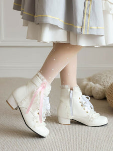 Sweet Lolita Boots PU Leather Pearls Lace Round Toe White Lolita Footwear