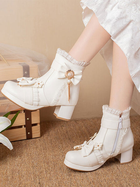Sweet Lolita Boots PU Leather Ruffles Bows Round Toe Black Lolita Footwear