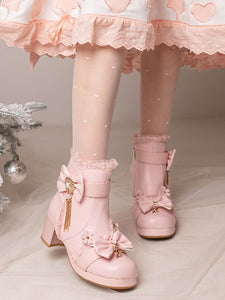 Sweet Lolita Boots PU Leather Ruffles Bows Round Toe Black Lolita Footwear