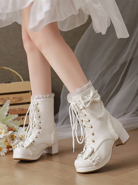Sweet Lolita Boots PU Leather Ruffles Pearls Round Toe Black Lolita Footwear