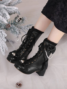 Sweet Lolita Boots PU Leather Ruffles Pearls Round Toe Black Lolita Footwear