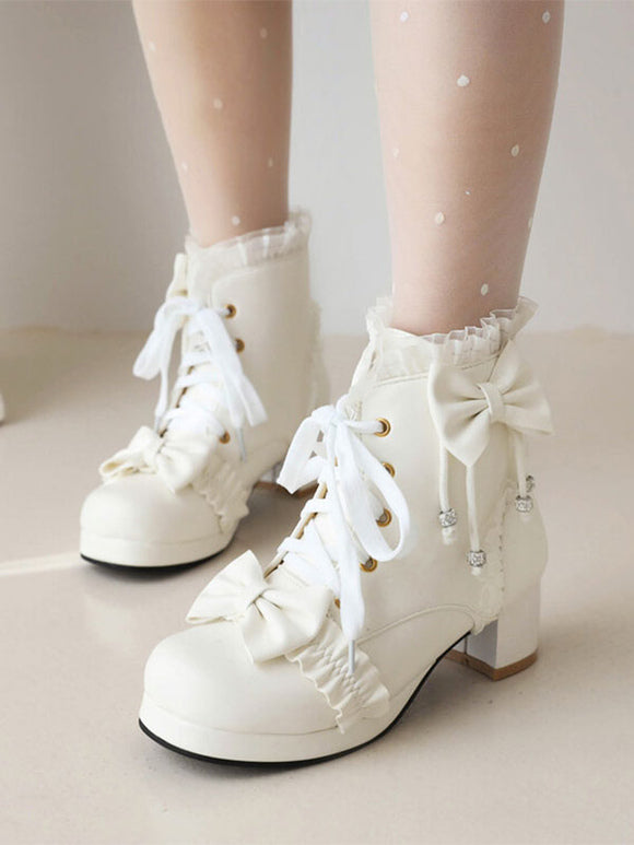 Sweet Lolita Boots White Bows Ruffles Round Toe PU Leather Lolita Footwear