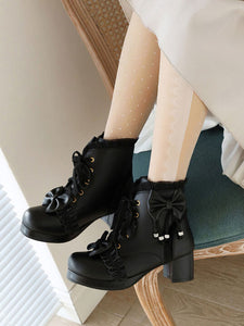 Sweet Lolita Boots White Bows Ruffles Round Toe PU Leather Lolita Footwear