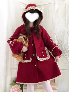 Sweet Lolita Coats Burgundy Bows Ruffles Overcoat Polyester Fall Lolita Outwears