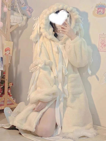Sweet Lolita Coats Ecru White Bows Overcoat Short Plush Winter Lolita Outwears