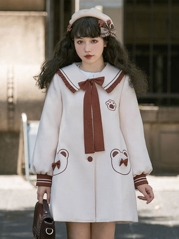 Sweet Lolita Coats Ecru White Bows Polyester Overcoat Coat Winter Lolita Outwears