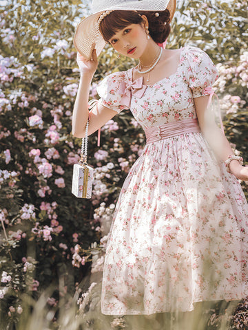 Sweet Lolita Cottagecore Dress Polyester Short Sleeves Bows Dress Sweet Lolita Dress