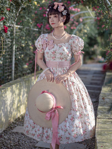Sweet Lolita Cottagecore Dress Polyester Short Sleeves Bows Dress Sweet Lolita Dress