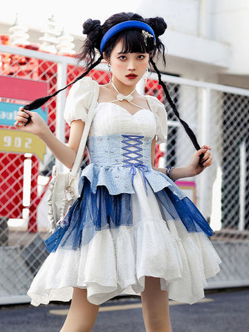 Sweet Lolita Dress Jacquard Short Sleeves Dress Adjustable Elastic