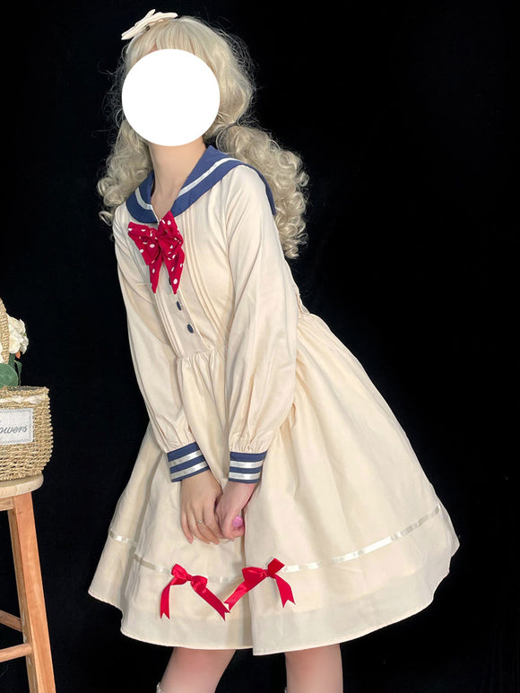Sweet Lolita Dress Polyester Long Sleeves Bows Navy Style Dress Lolita Dress