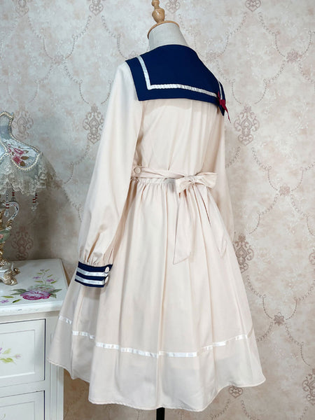 Sweet Lolita Dress Polyester Long Sleeves Bows Navy Style Dress Lolita Dress