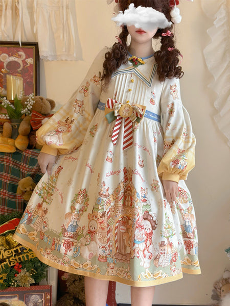 Sweet Lolita Dress Polyester Long Sleeves Bows Sweet Christmas Lolita Dress