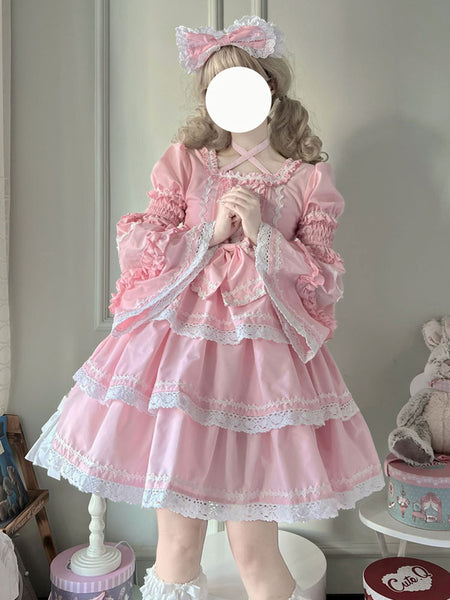 Sweet Lolita Dress Polyester Long Sleeves Dress Adjustable Elastic