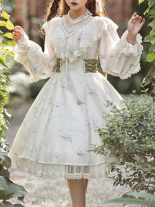 Sweet Lolita Dress Polyester Long Sleeves Pastoral Style Dress Adjustable Elastic