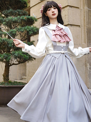Sweet Lolita Dress Polyester Long Sleeves Ruffles Academic Lolita Dress