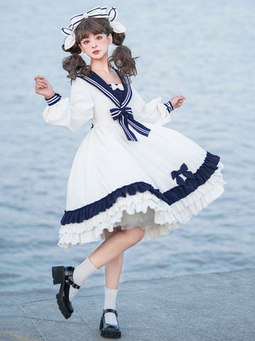 Sweet Lolita Dress Polyester Long Sleeves Ruffles Navy Style Dress