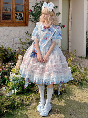 Sweet Lolita Dress Polyester Short Sleeves Bows Dress