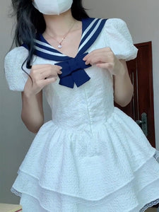 Sweet Lolita Dress Polyester Short Sleeves Bows Navy Style Dress