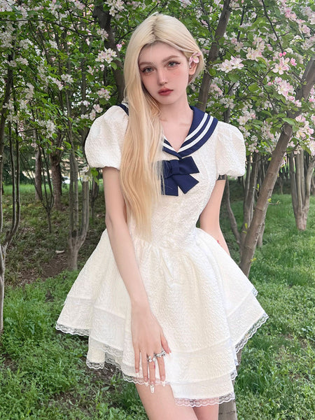 Sweet Lolita Dress Polyester Short Sleeves Bows Navy Style Dress