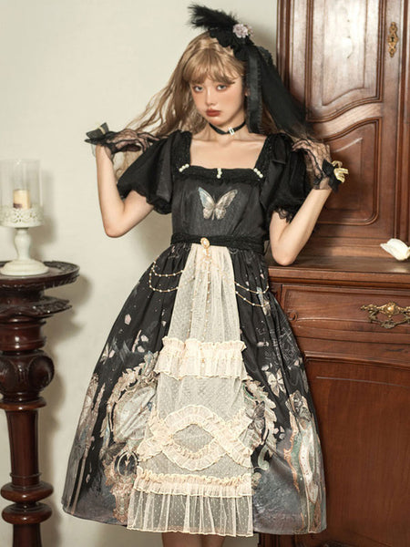 Sweet Lolita Dress Polyester Short Sleeves Dress Adjustable Elastic