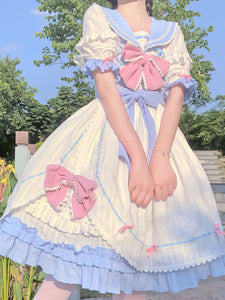 Sweet Lolita Dress Polyester Short Sleeves Dress Navy Style Lolita Dress