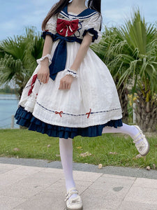 Sweet Lolita Dress Polyester Short Sleeves Dress Navy Style Lolita Dress