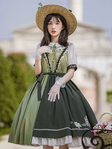 Sweet Lolita Dress Polyester Short Sleeves Dress Pastoral Style Dress