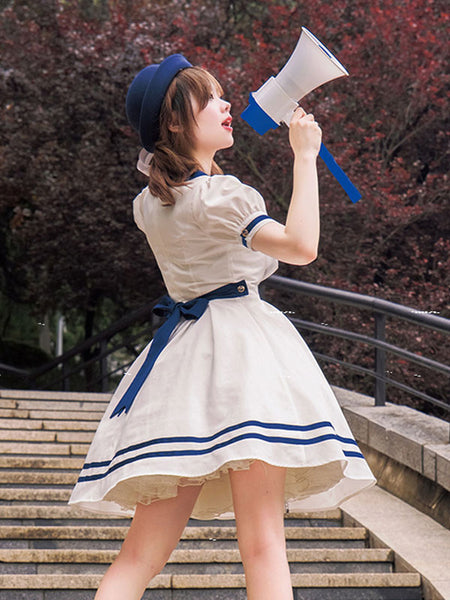 Sweet Lolita Dress Polyester Short Sleeves Embroidered Dress Navy Style Lolita Dress