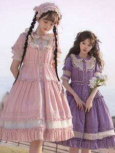Sweet Lolita Dress Polyester Short Sleeves Pastoral Style Dress