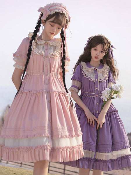 Sweet Lolita Dress Polyester Short Sleeves Pastoral Style Dress