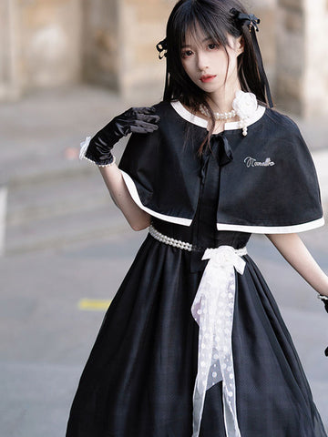 Sweet Lolita Dress Polyester Short Sleeves Pearls Navy Style Lolita Dress