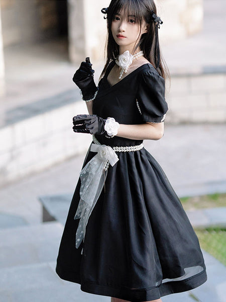 Sweet Lolita Dress Polyester Short Sleeves Pearls Navy Style Lolita Dress