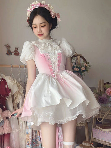 Sweet Lolita Dress Polyester Short Sleeves Ruffles Dress