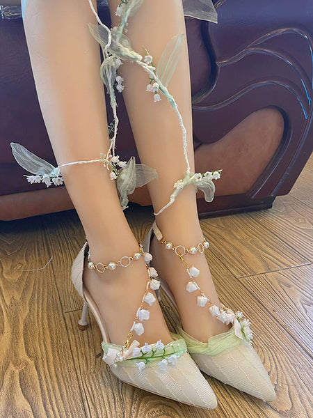 Sweet Lolita Footwear Apricot Flowers Pearls Chains Pointed Toe Textile Lolita Shoes