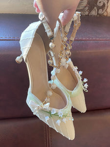 Sweet Lolita Footwear Apricot Flowers Pearls Chains Pointed Toe Textile Lolita Shoes