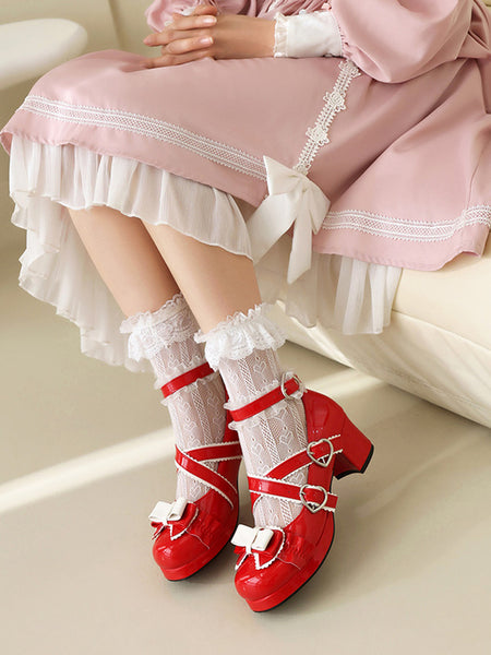 Sweet Lolita Footwear Black Bows Ruffles PU Leather Chunky Heel Lolita Pumps