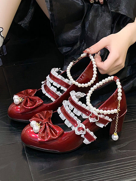 Sweet Lolita Footwear Black Chains Pearls Ruffles Pointed Toe PU Leather Lolita Shoes