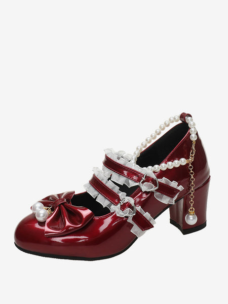 Sweet Lolita Footwear Black Chains Pearls Ruffles Pointed Toe PU Leather Lolita Shoes